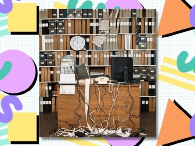 An example of a desk cable organization technique.