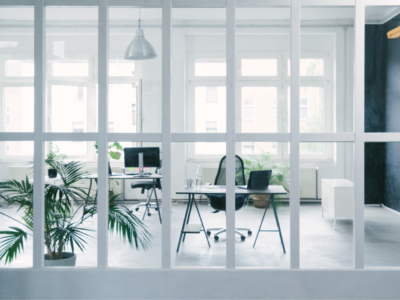 A whitewashed office space.