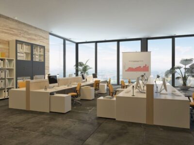 A sample design of an open-plan office layout.