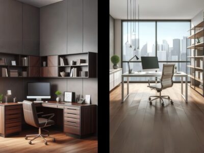 An image of an L-shaped desk and straight desk office set up.